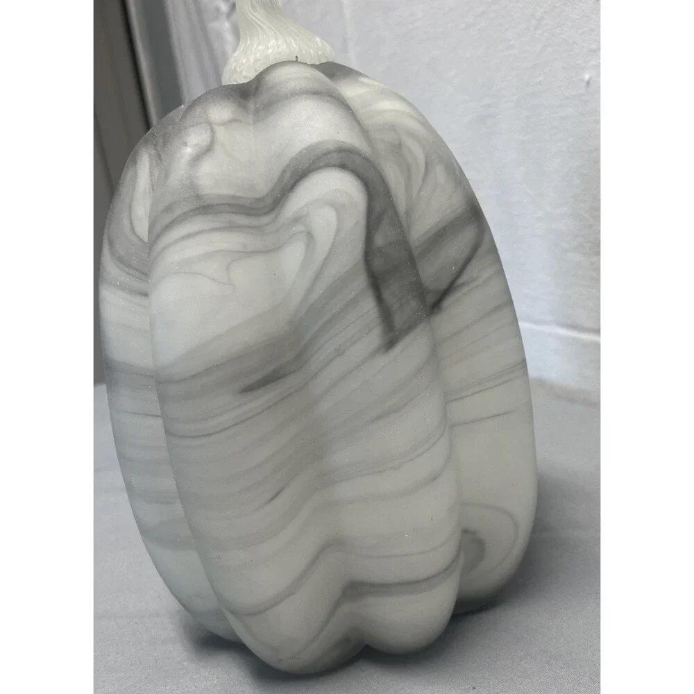 Hand Blown Glass Gray & White Large Gourd Pumpkin Fall Autumn Halloween Heavy
